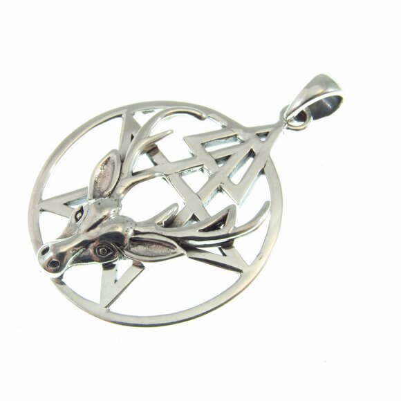 Solid 925 Sterling Silver Third Degree Deer Head Cernunnos Pentacle Pendant - Picture 7 of 9
